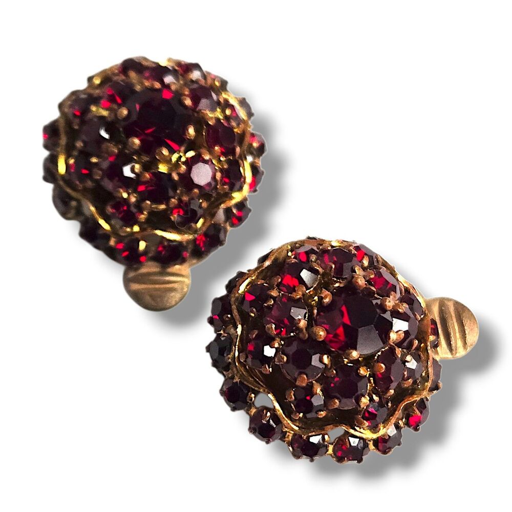 Vintage Austria Red Crystal Glass Clip On Earrings Domed Cluster Gold Tone 7/8"